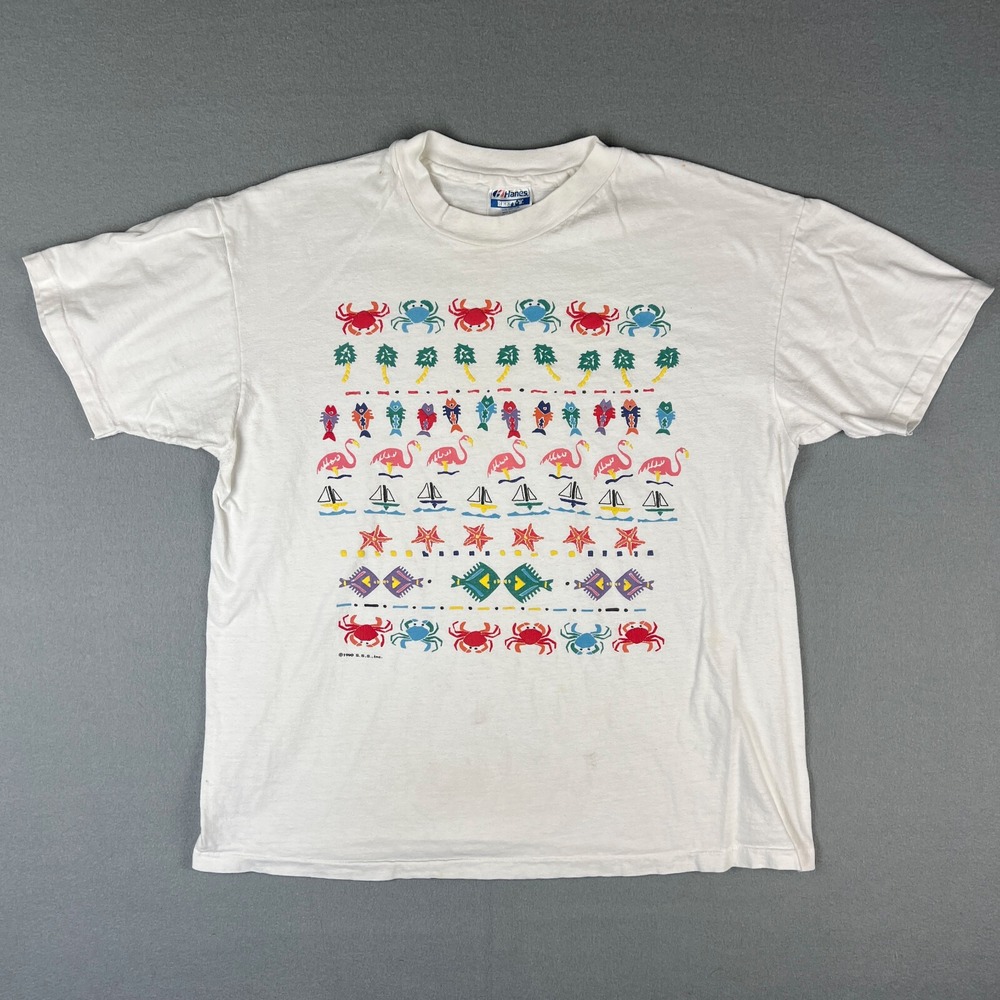 VTG Colorful Beach Ocean T Shirt FIts‎ Large 1990s Puff Print Hanes Beefy USA